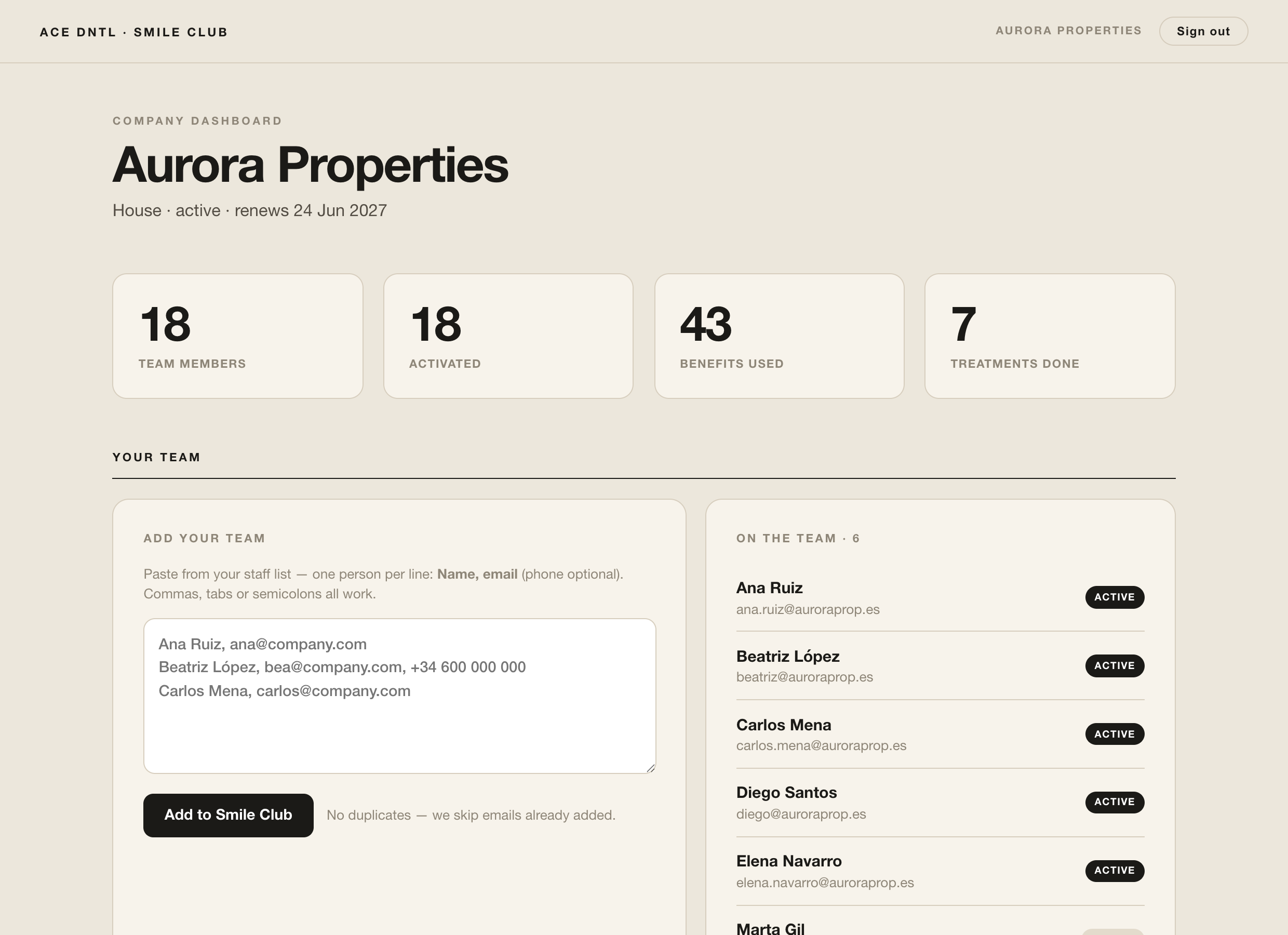 Smile Club company dashboard — team, KPIs and utilisation