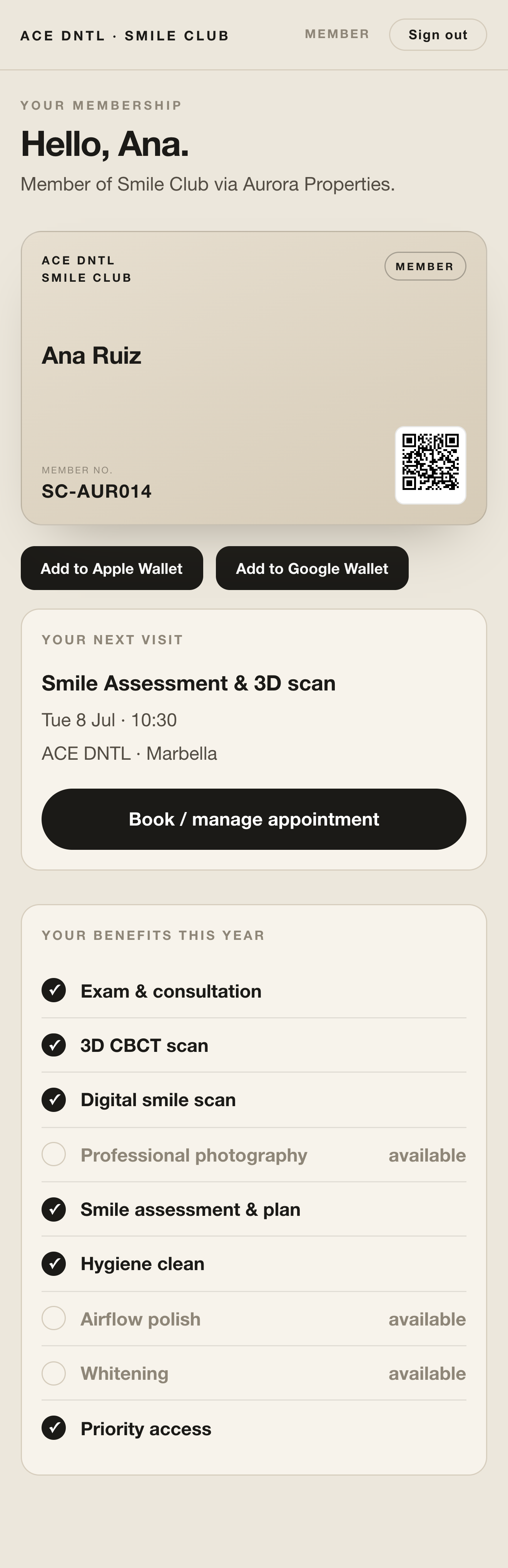 Smile Club member portal — membership card, benefits and booking